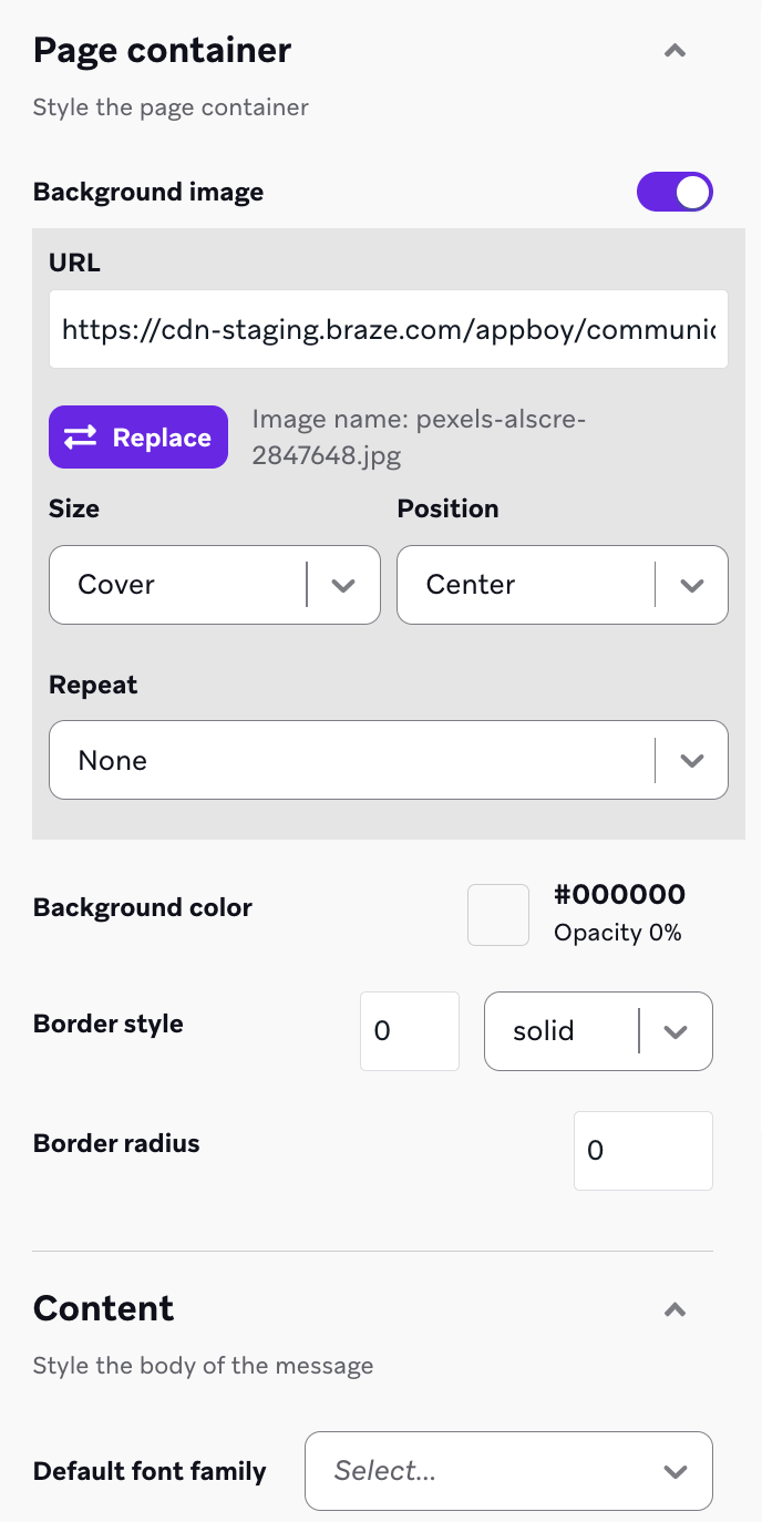 Der Abschnitt „Page container“ mit Optionen zur Anpassung von Hintergrundbildern, Farben, Rahmendetails und Inhaltsstilen.