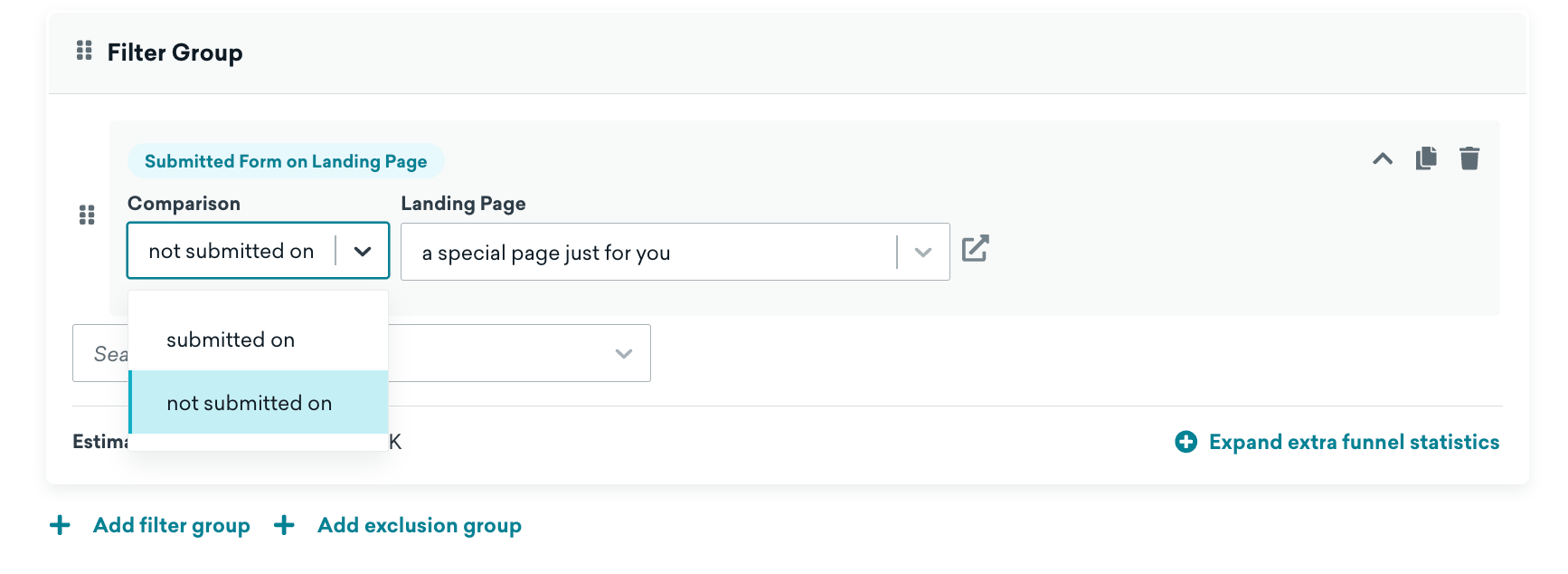Segment-Erstellung mit der ausgewählten Filtergruppe „Submitted Form on Landing Page“.