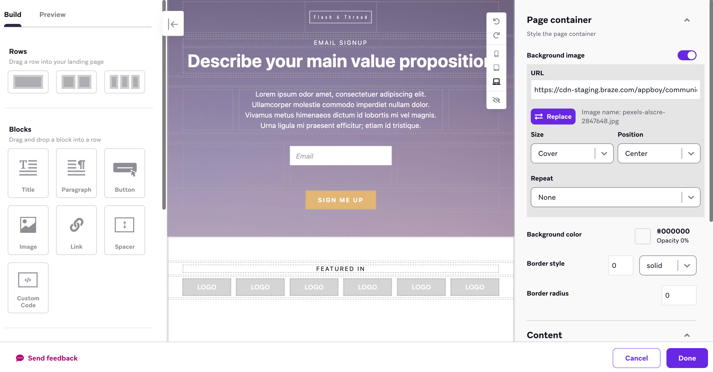 Eine Beispiel-Landing-Page, die im Drag-and-Drop-Editor erstellt wird.