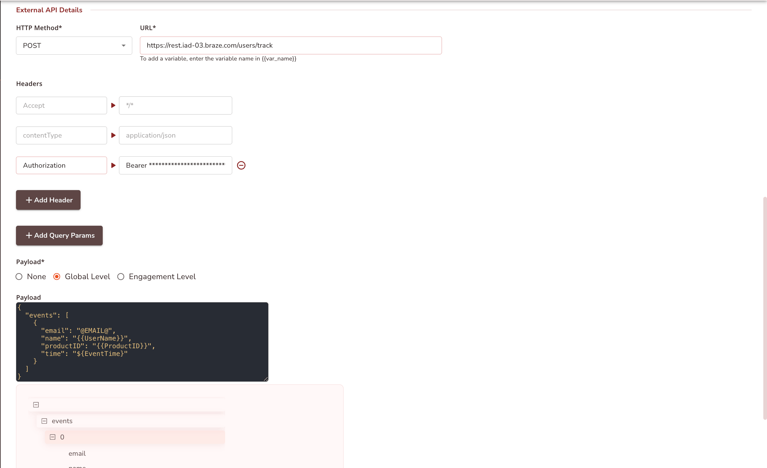 Ausfüllen der Endpunkt- und Payload-Details für die External API