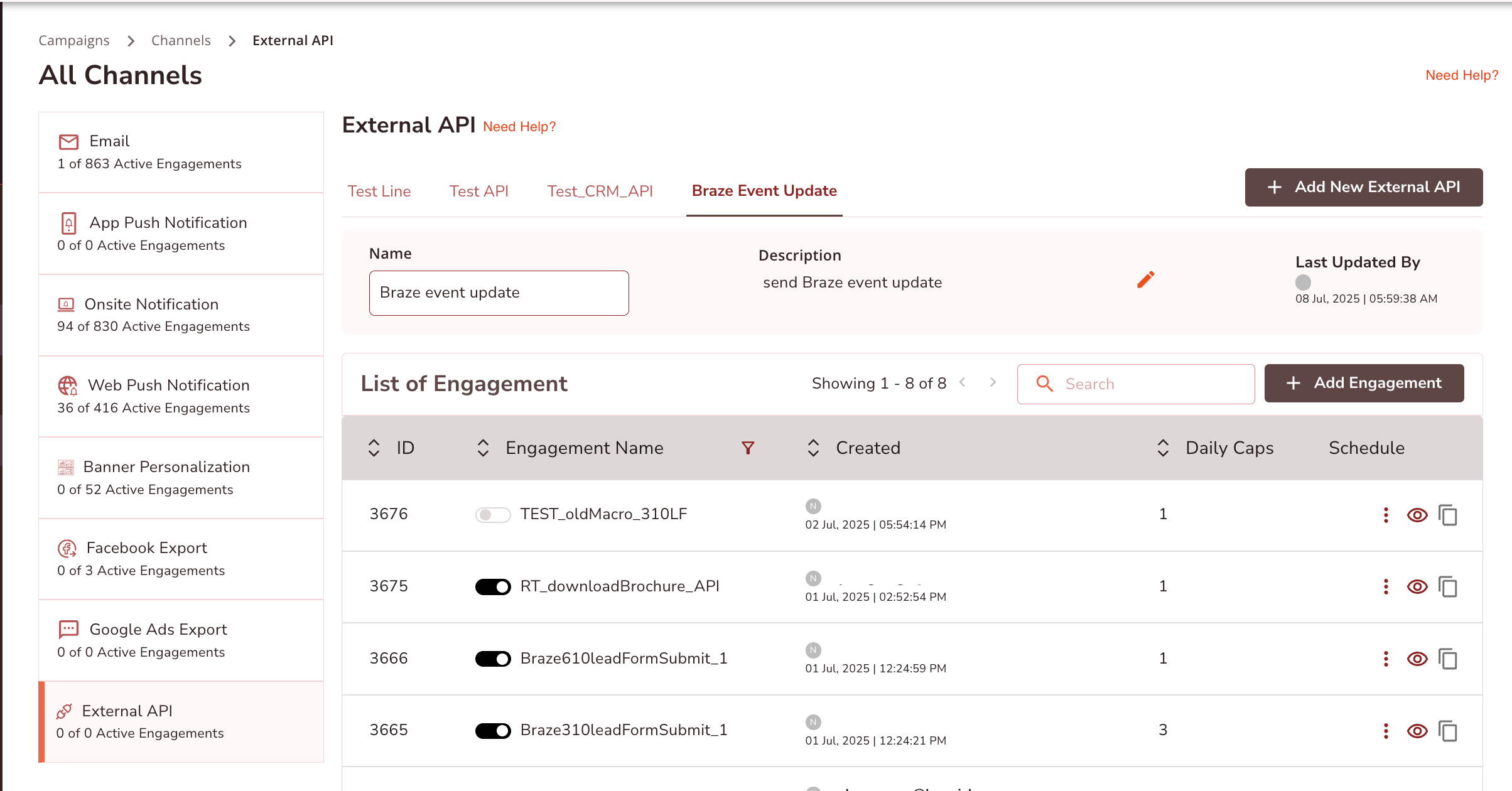 Starten des Erstellungsprozesses für eine External API in Lemnisk
