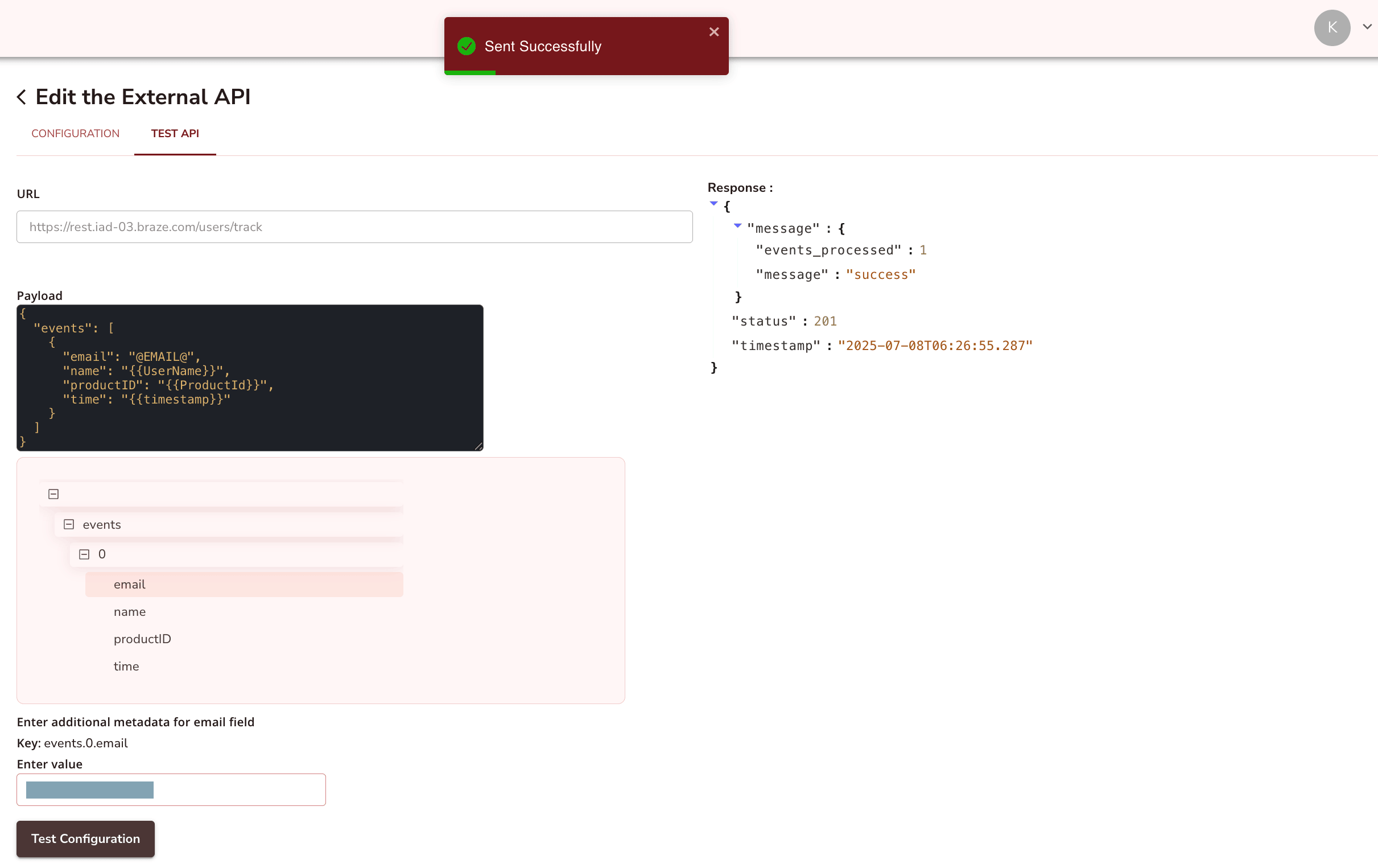 Testen einer External-API-Konfiguration mit einer Beispiel-Payload und einer Erfolgsantwort