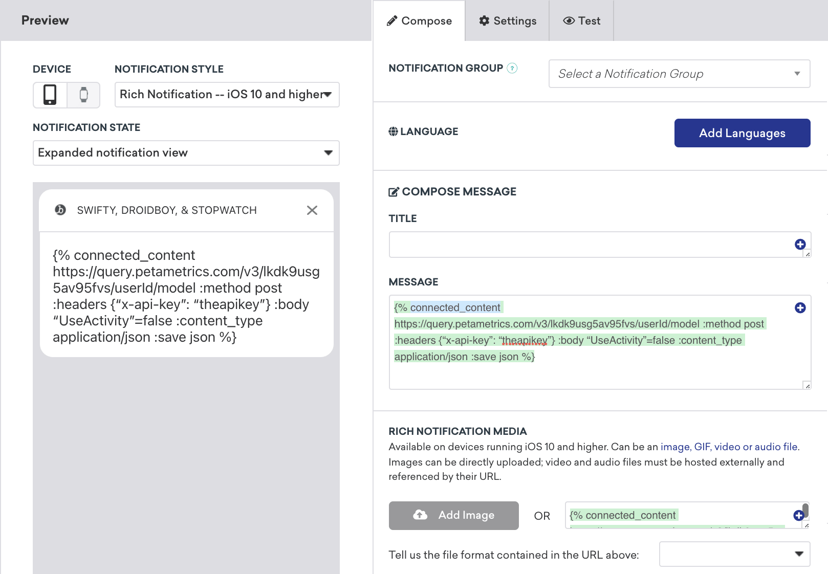 Ein Bild, das eine Push-Campaign zeigt, die LiftIgniter-spezifische Connected-Content-Aufrufe enthält. Außerdem wurde dem Bildfeld eine Connected-Content-Logik hinzugefügt.