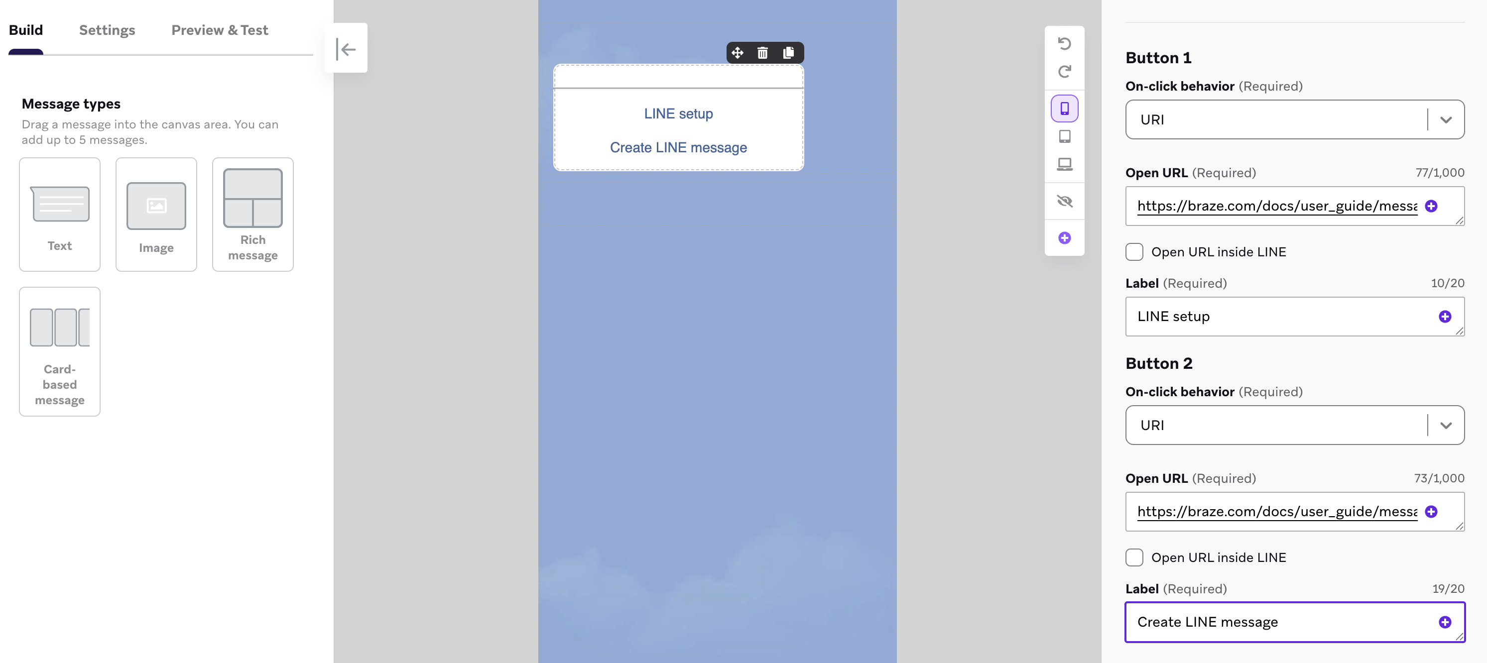 LINE-Nachrichten-Editor mit einer kartenbasierten Nachricht mit zwei Buttons, die jeweils eine URL haben.