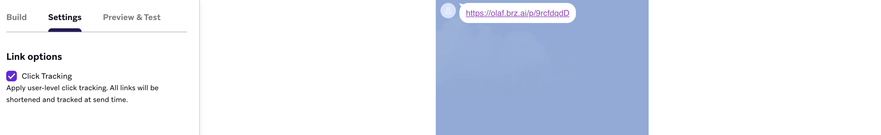 LINE-Nachrichten-Editor, Tab „Einstellungen“ mit aktiviertem „Click Tracking“ und einer Vorschau-Textnachricht mit gekürzter URL: https://olaf.brz.ai/p/9rcfdqdD