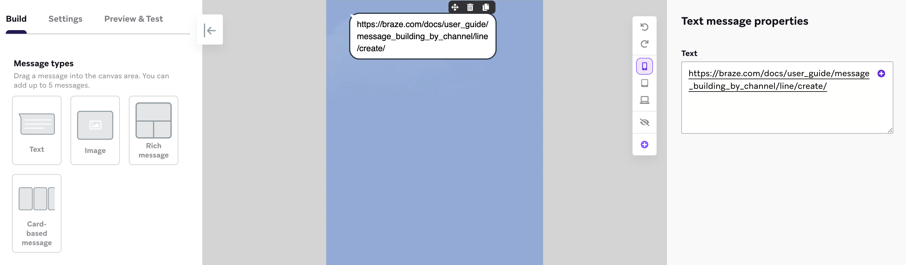 LINE-Nachrichten-Editor mit einer Textnachricht, die eine lange URL enthält: https://braze.com/docs/user_guide/channels/line/create/