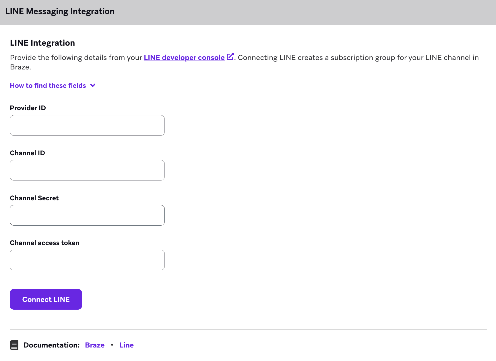 LINE-Messaging-Integrationsseite mit LINE-Integrationsabschnitt.