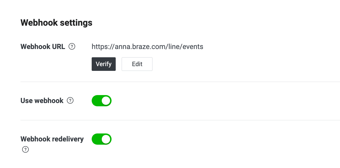 Seite mit Webhook-Einstellungen zum Überprüfen oder Bearbeiten der Webhook-URL, mit Umschaltern für „Use webhook“, „Webhook redelivery“ und „Error statistics aggregation“.
