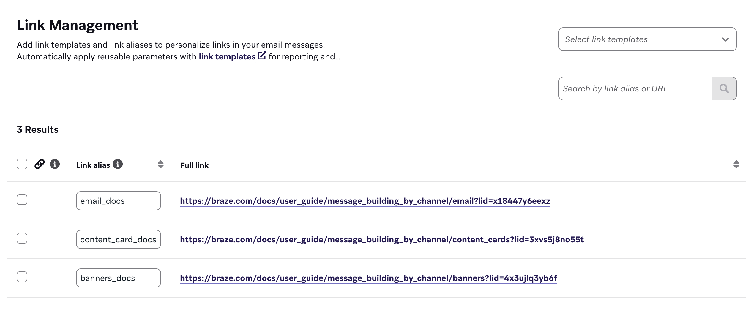 Link-Management-Seite mit vier Link-Aliasen.