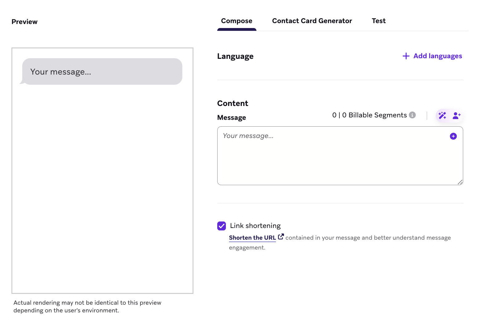 SMS-Nachrichten-Editor mit aktiviertem Kontrollkästchen für Link-Shortening.