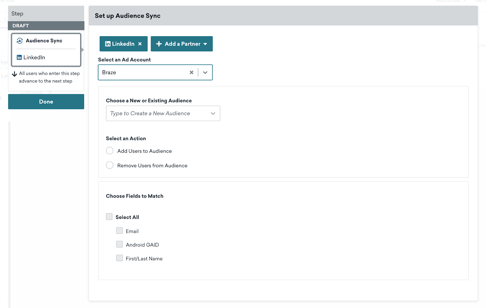 Audience Sync mit LinkedIn, wobei Braze als Anzeigenkonto ausgewählt ist.