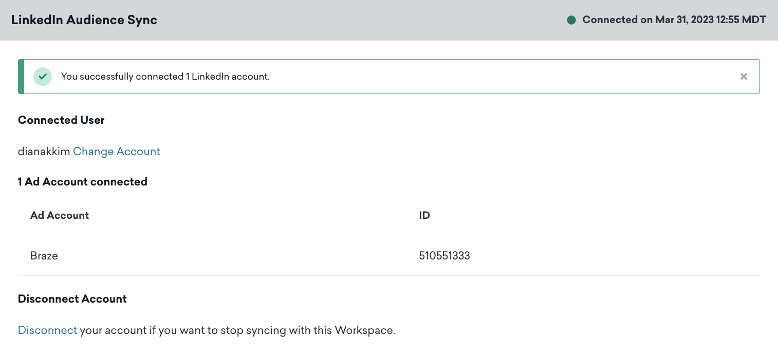 Ein erfolgreich verbundenes LinkedIn-Konto.