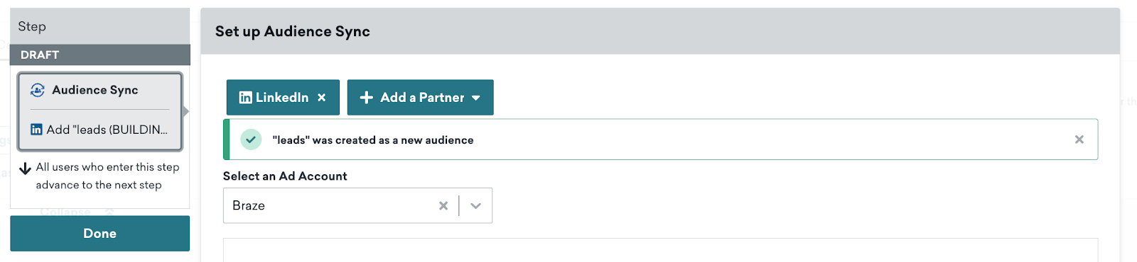 Bestätigung, dass die „Leads“-Zielgruppe erstellt wurde.