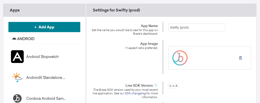 Eine App namens „Swifty“ in einem Workspace. Die Live SDK-Version ist 6.6.0.