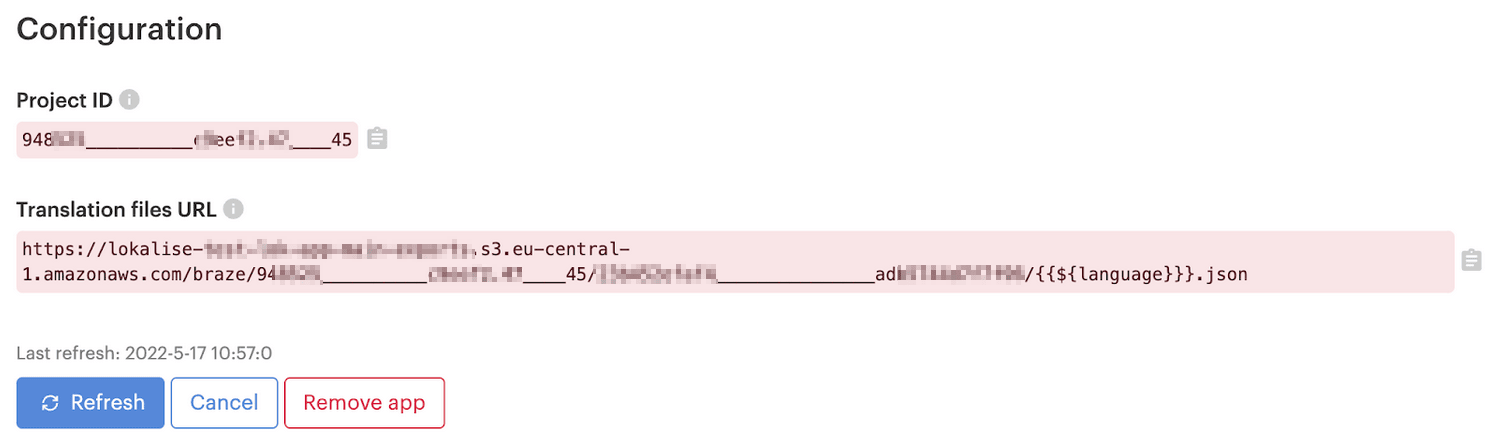 Braze-Konfiguration auf Lokalise mit Angabe der Projekt-ID und der URL der Übersetzungsdateien.