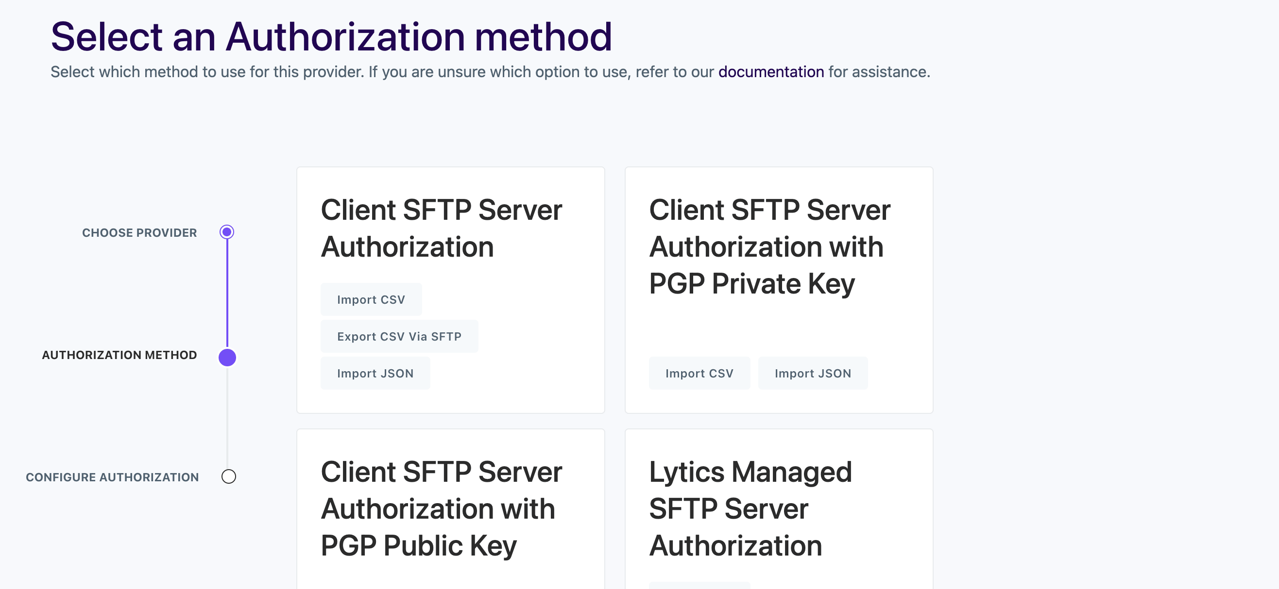 Lytics-SFTP-Autorisierungsmethoden für den Import über Custom Integrations, einschließlich Client- und Lytics-verwalteter Serveroptionen.