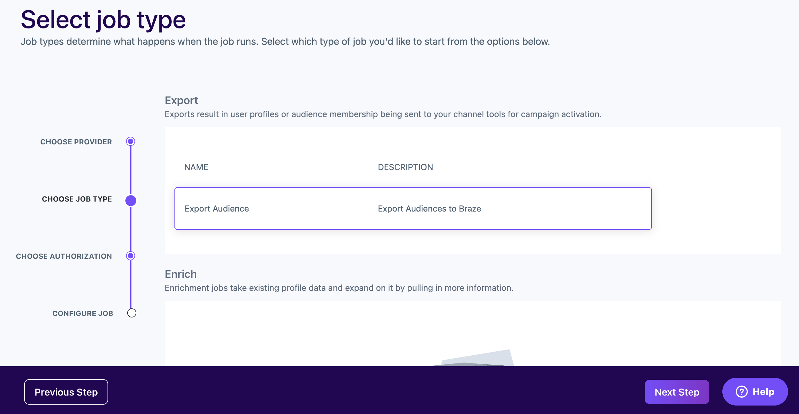 Lytics-Aufforderung „Select Job Type“ für einen neuen Braze-Auftrag mit ausgewählter Option „Export Audience“.