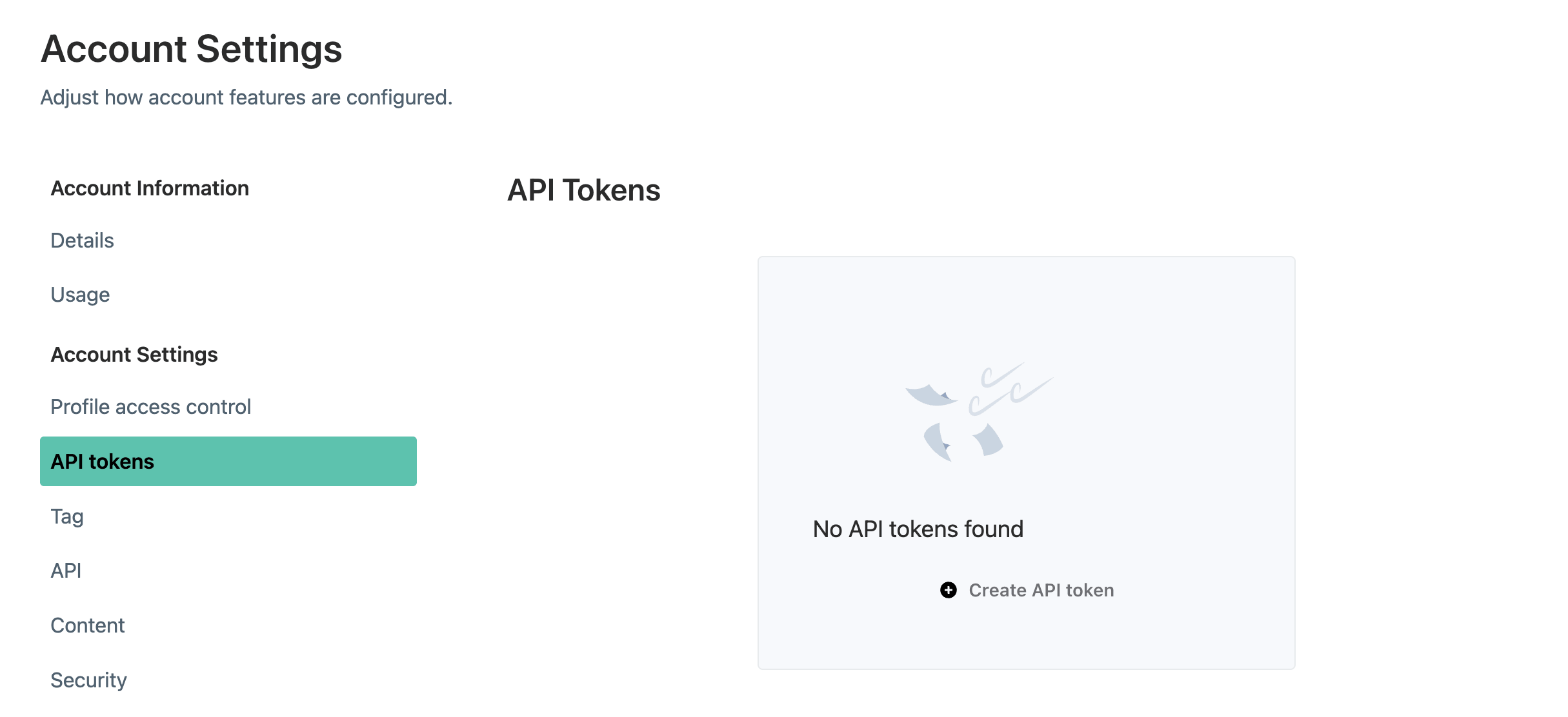 Lytics-Bildschirm „Access Tokens“ mit ausgewählter Option „Create API Token“ im Kontomenü.
