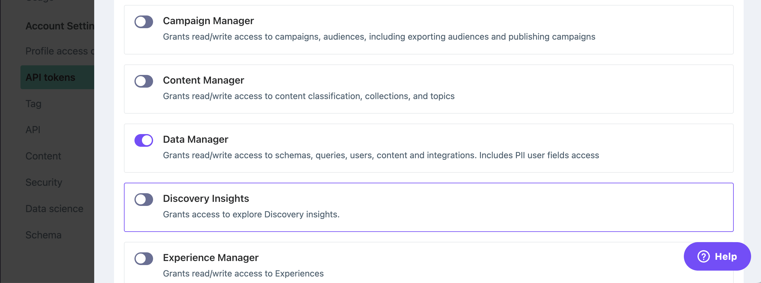 Lytics-API-Token-Berechtigungen mit aktiviertem Bereich „Data Manager“ vor der Token-Generierung.