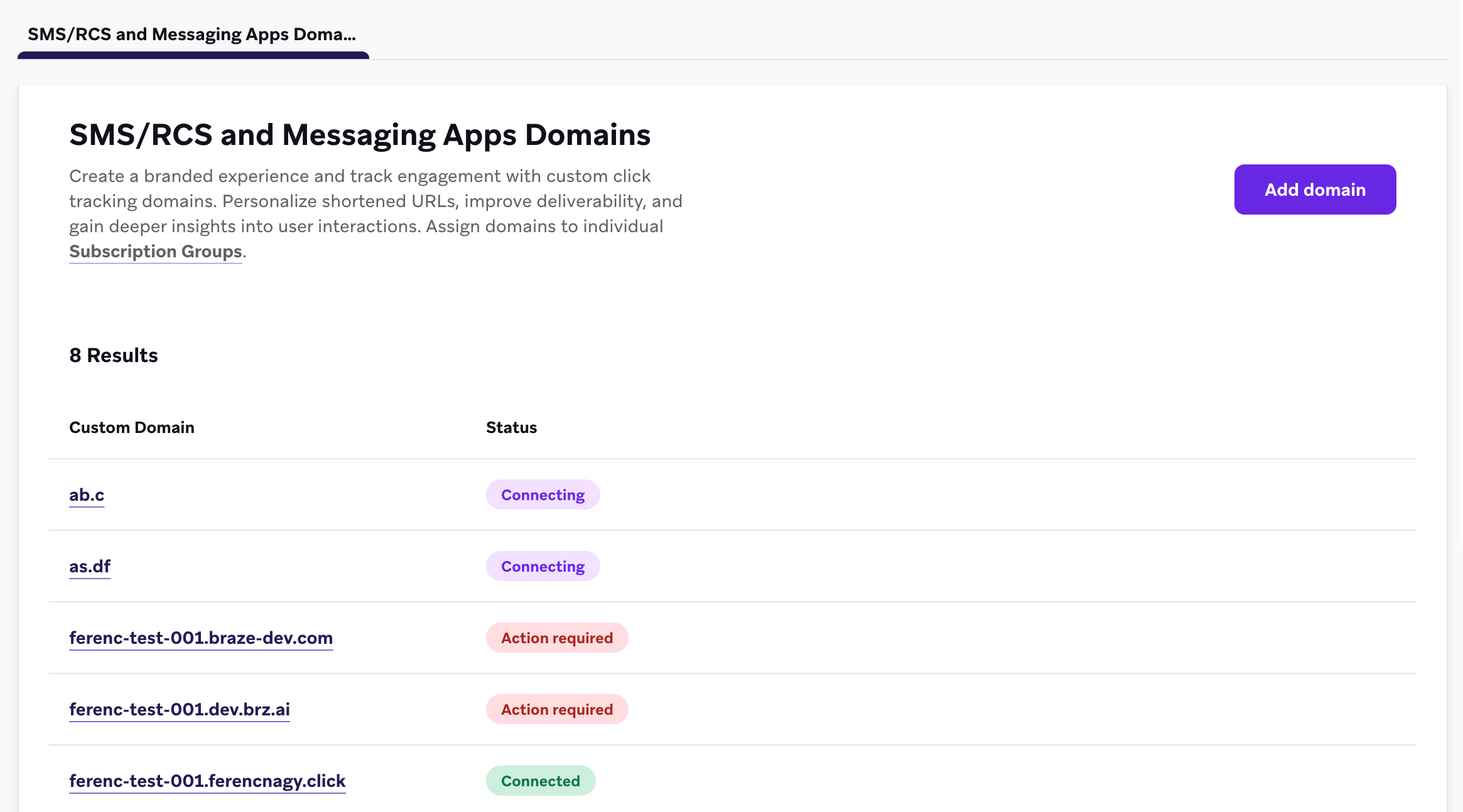 Seite „SMS/RCS und Messaging-Apps-Domains“ mit mehreren aufgelisteten Domains.