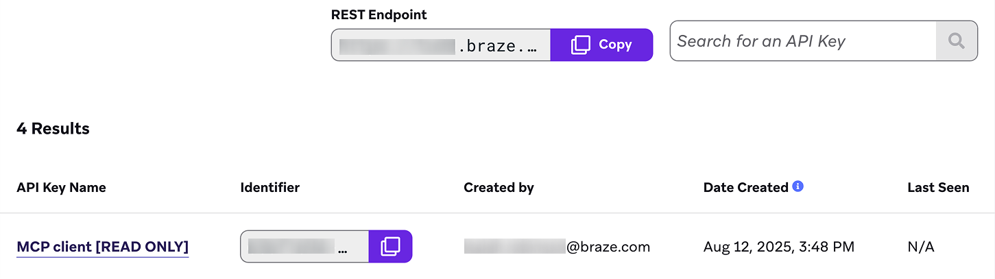 Die Seite „API-Schlüssel“ in Braze mit einem neu erstellten API-Schlüssel und dem REST-Endpunkt der Nutzer:innen.