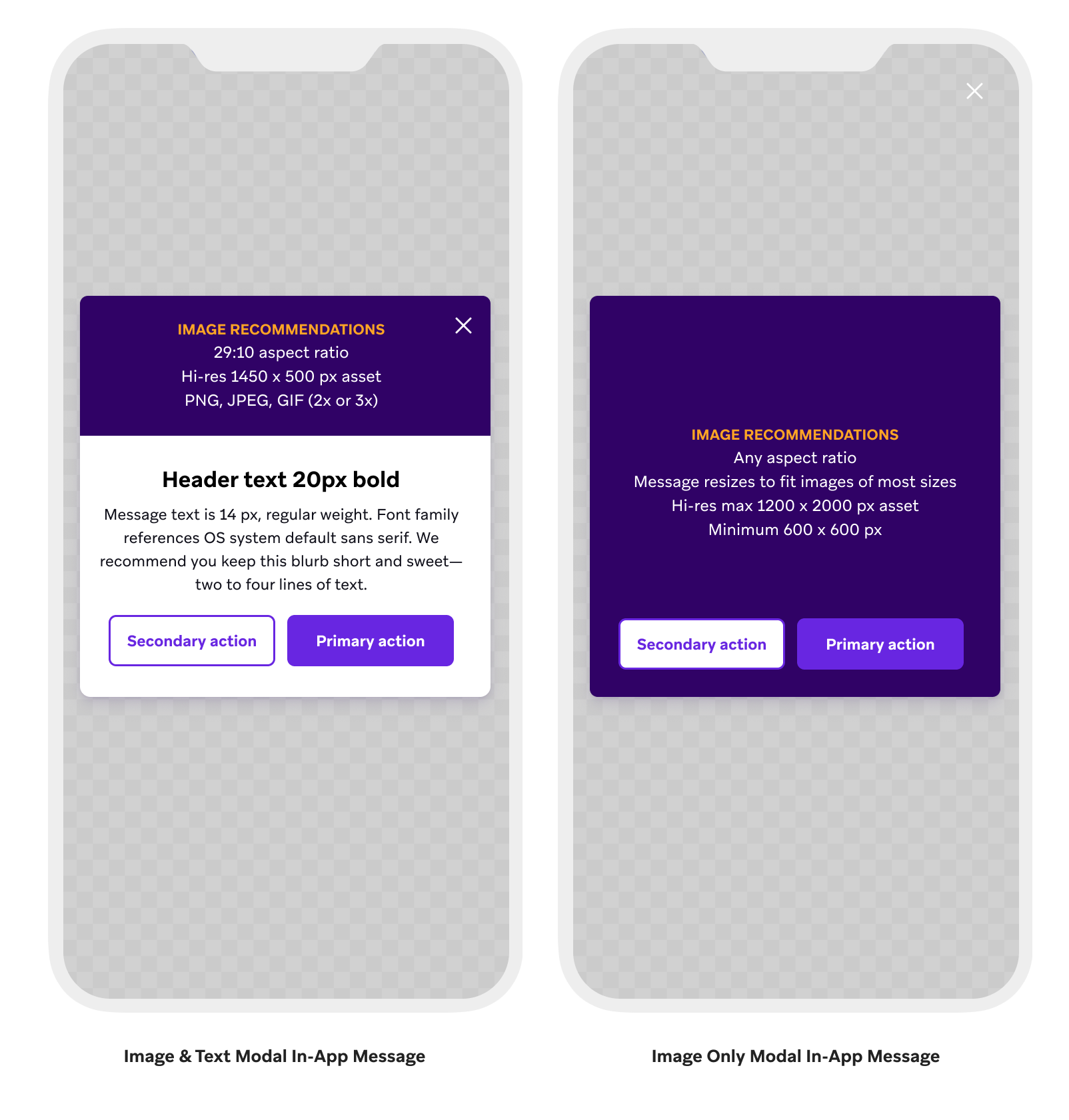 Zwei modale In-App-Nachrichten nebeneinander, die die Bild- und Textempfehlungen veranschaulichen. Weitere Details finden Sie in den folgenden Abschnitten.