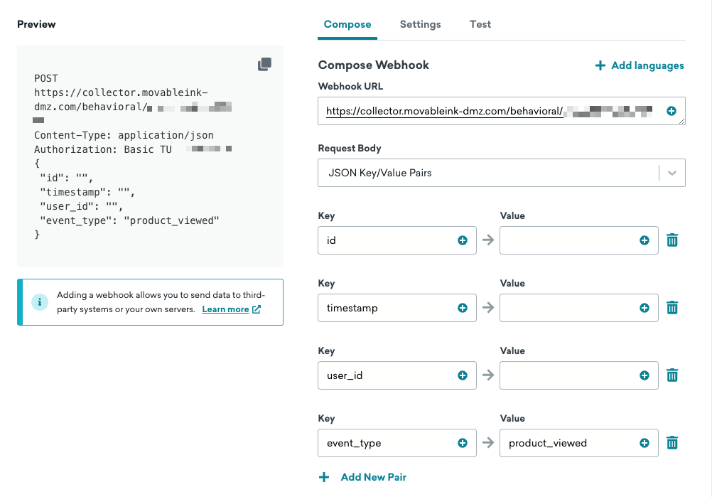 Tab „Verfassen“ des Webhook-Composers in Braze mit JSON-Schlüssel-Wert-Paaren für ID, Zeitstempel, Nutzer-ID und Event-Typ.
