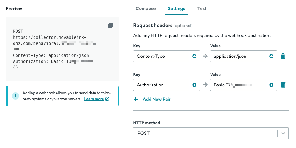 Tab „Einstellungen“ des Webhook-Composers in Braze mit Schlüssel-Wert-Paaren für Content-Type und Authorization.