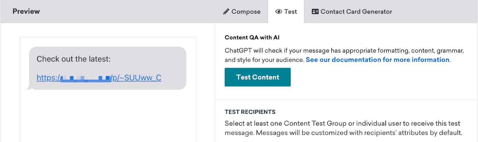 Vorschau und Testoptionen für eine dynamische SMS-Link-Vorschau-Campaign