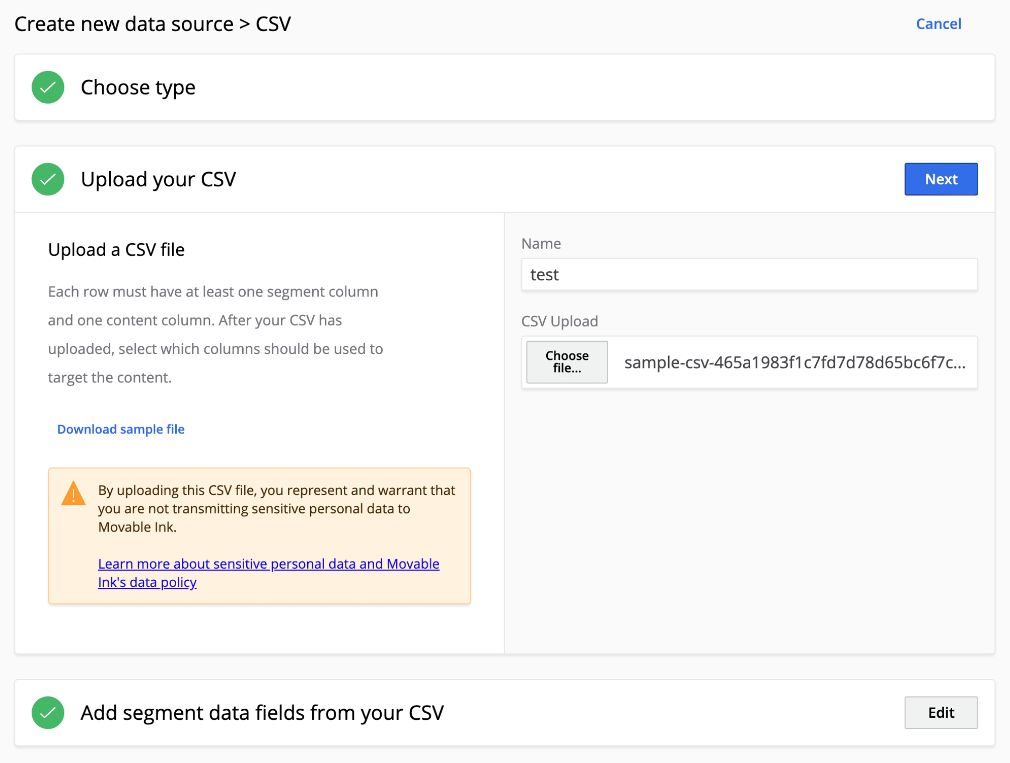 Die Felder, die angezeigt werden, wenn Sie „CSV“ als Datenquelle auswählen.