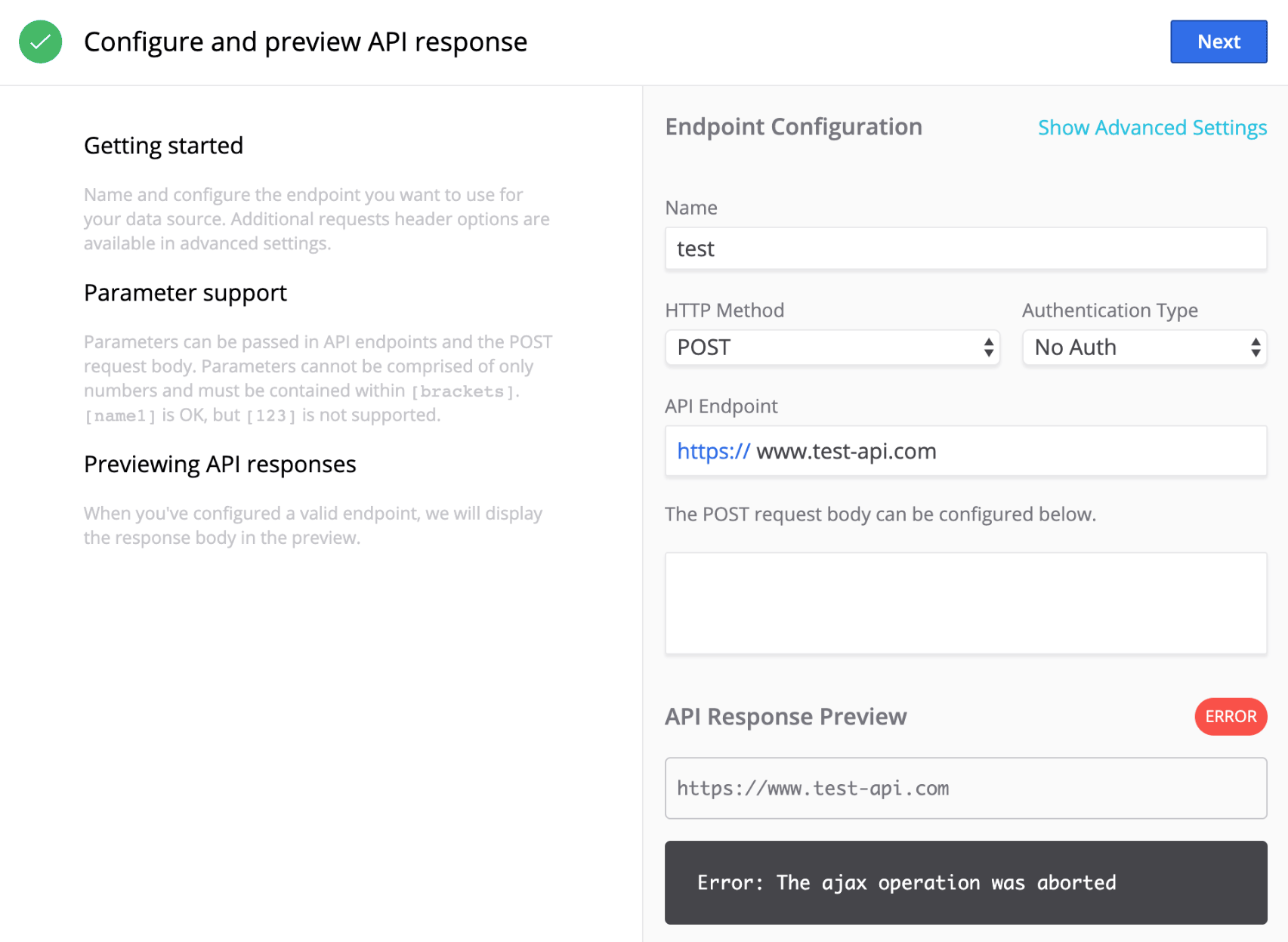 Die Felder, die angezeigt werden, wenn Sie „API Integration“ als Datenquelle auswählen.