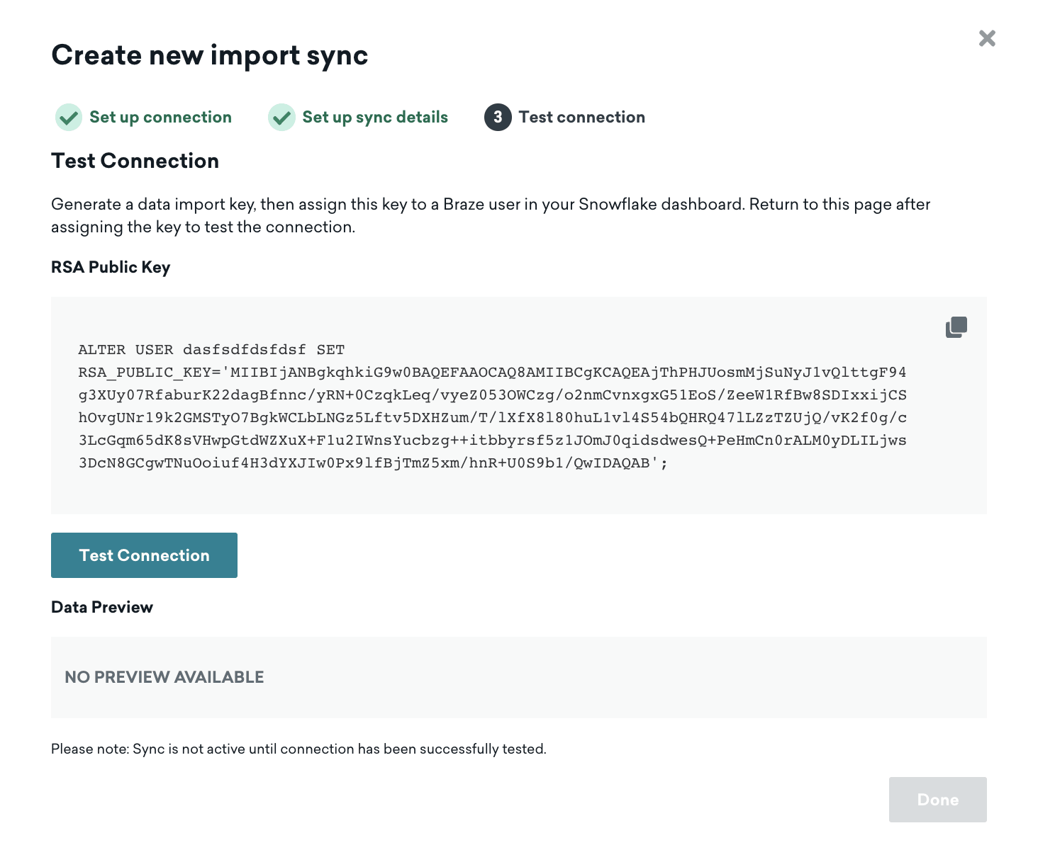 Ergebnis des Braze-Snowflake-Integrationstests mit einer erfolgreichen Vorschau nach Anwendung des Public Key.