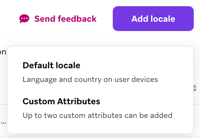 Das Dropdown-Menü „Add locale“ mit Optionen zur Auswahl des Standard-Gebietsschemas oder angepasster Attribute.