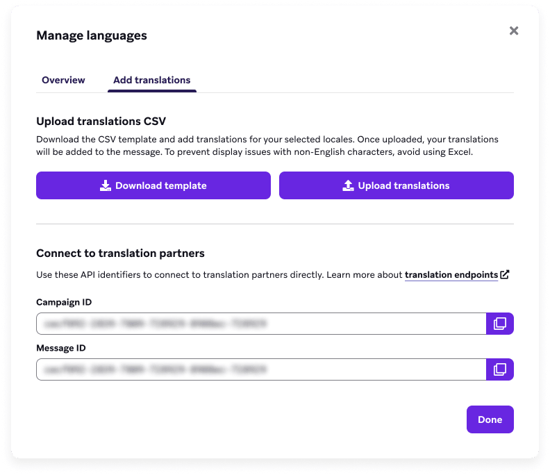 Der Tab „Übersetzungen hinzufügen“ mit Optionen zum Hochladen von Übersetzungen per CSV oder durch Verbindung mit Übersetzungspartnern.