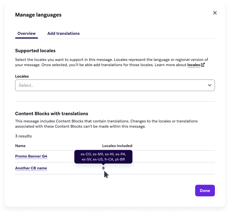 Der Bereich „Manage languages“ mit einer Liste von Content Blocks, die gespeicherte Übersetzungen haben.