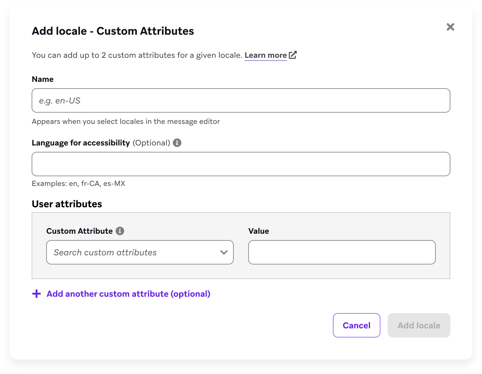Ein Fenster mit dem Titel „Add locale – Custom Attributes“ zur Angabe des angepassten Attributs und des Werts.