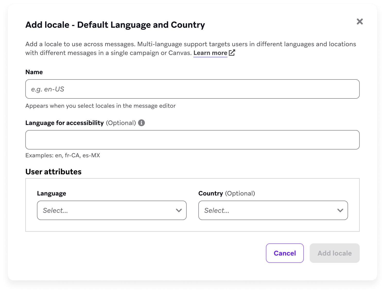 Ein Fenster mit dem Titel „Add locale – Default Language and Country“ zur Angabe der Sprache und des Landes.