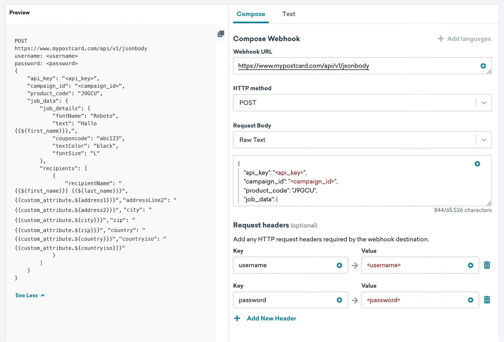 Tab „Verfassen“ mit dem JSON-Body und den Webhook-Informationen.