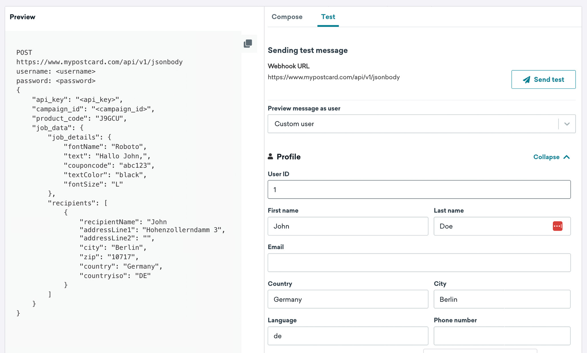 Tab „Webhook testen“ mit verschiedenen Feldern zur Validierung der Implementierung.