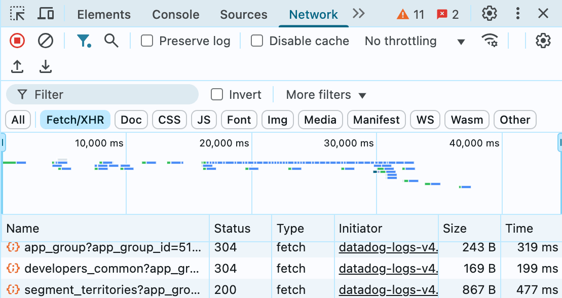 Der Tab „Fetch/XHR“ in einem Chrome-Browser.