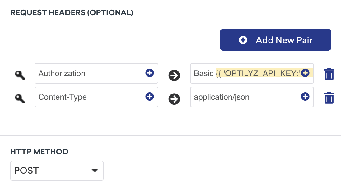 Die Anfrage-Header und die HTTP-Methode, die im Braze-Webhook-Builder angezeigt werden.