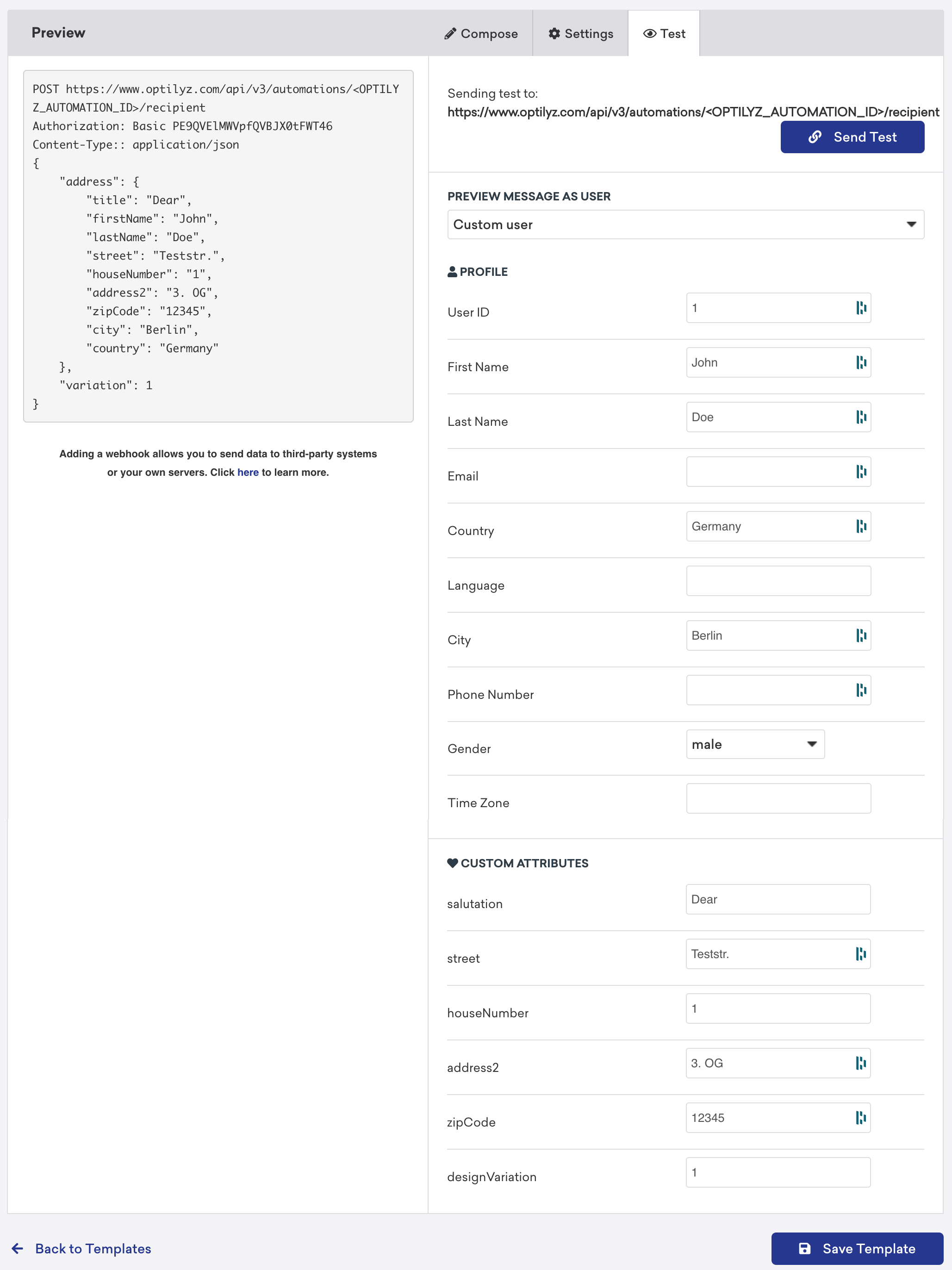 Verschiedene Testfelder, die im Tab „Test“ des Braze-Webhook-Builders verfügbar sind.