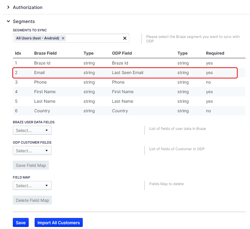Optimizely- und Braze-Segment-Feldzuordnungen.