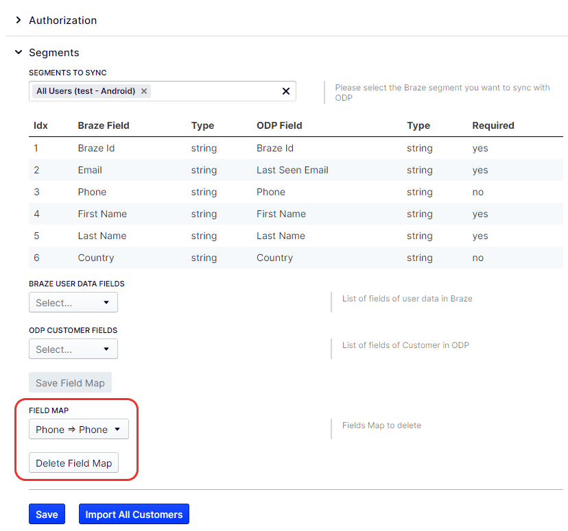 Optimizely-Braze-Segment-Feldzuordnungen löschen