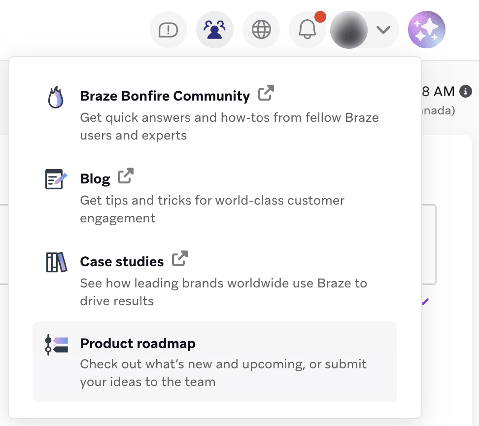 Ressourcen-Menü im Braze-Dashboard