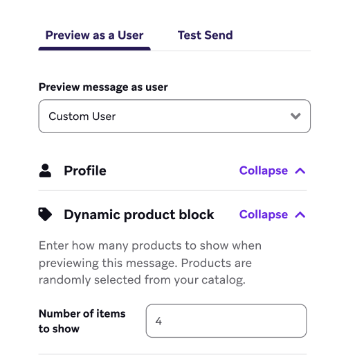 Tab „Preview as a User“ mit einem Dropdown-Bereich „Dynamic product block“, der die Anzeige von 4 Artikeln festlegt.
