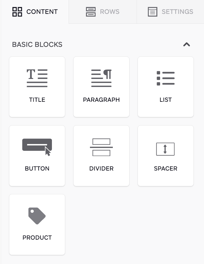 Der Tab „Content“ mit Editor-Blöcken, wie z. B. Produkt-Blöcken.