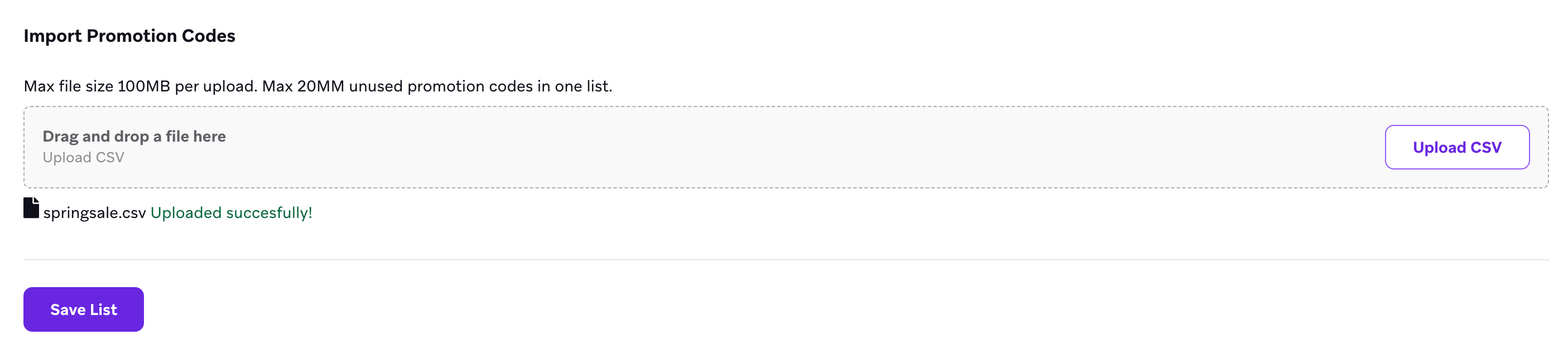 CSV-Datei mit dem Namen „springsale", die erfolgreich hochgeladen wurde.
