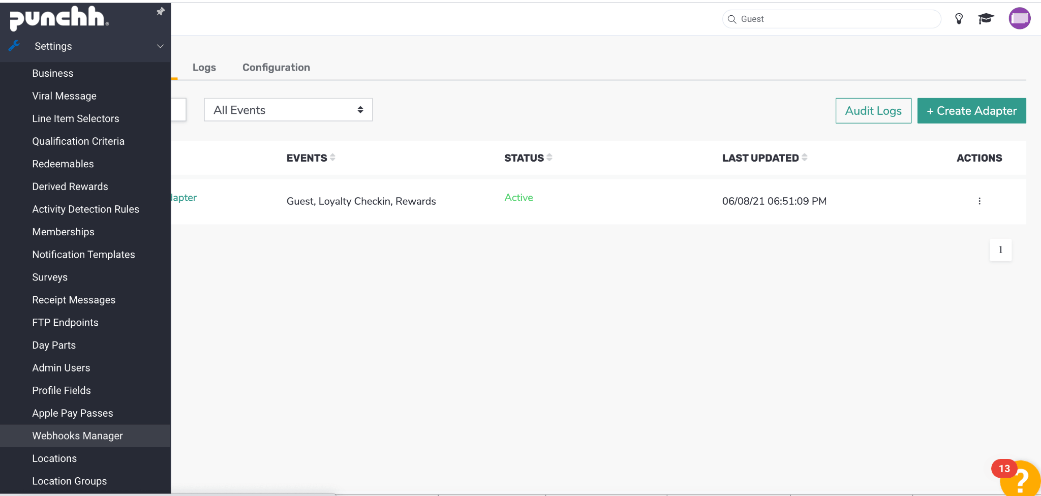 Punchh Webhooks Manager – Tab „Adapters“ mit ausgewähltem „Create Adapter“.