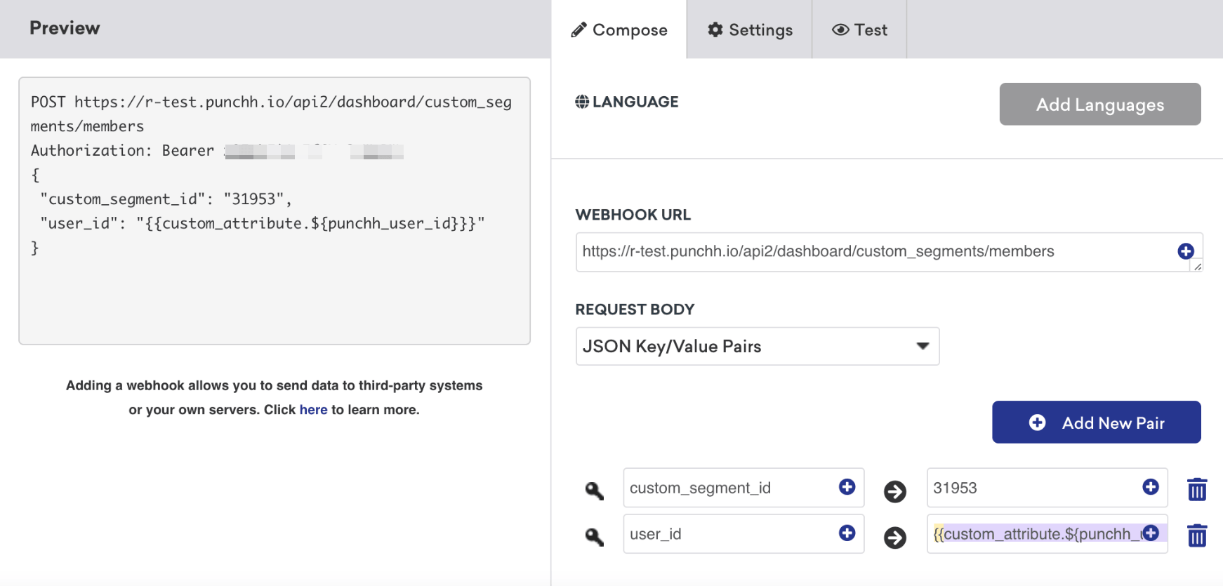 Braze-Webhook-Composer mit Punchh-Endpunkt und Schlüssel-Wert-Payload-Feldern.